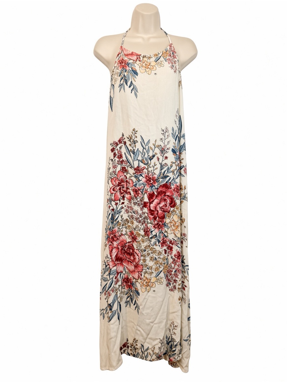 Billabong XS San Sebonne Floral Halter Maxi Dress Ivory Pink Crinkle Open Back